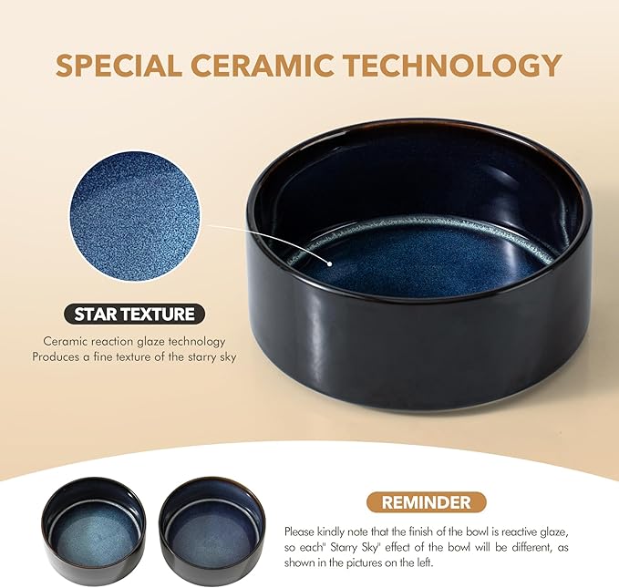 Ceramic 5.1inch Raised Dog and Cat Bowl Set, 2 Heights Elevated Wooden Stand for Puppy, Kitty, Cats, Weighted Pet Food and Water Dishes(5.1'',13.5oz, Starry Sky)