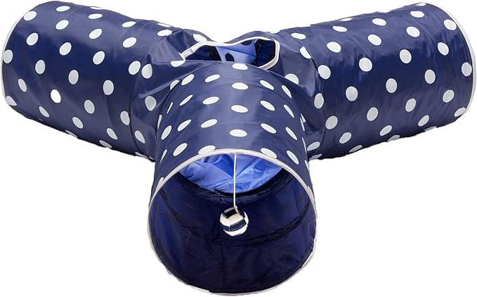 Cat Tunnel - Collapsible 3 Way Polka Dot Play Toy - Tube Fun for Rabbits, Kittens, and Dogs - Polka Dot Navy/White