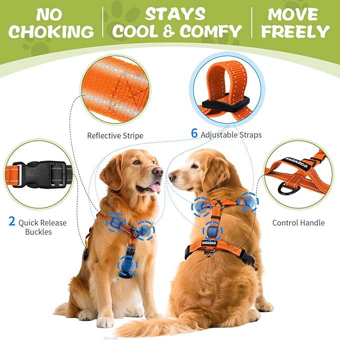No-Pull Harness,Y-Shaped Design,Buckle-Neck Balance Harness with Reflective Stitching, Ideal for Dog Training and Night Walking, Padded Handle, Durable High-Tensile Nylon-Orange-L