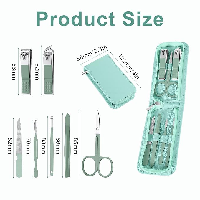 7 Pcs Manicure Pedicure Set Stainless Steel Nail Clippers Pedicure Kit Professional Nail Care Beauty Tools with Portable Zipper Pack Travel Essentials Manicure Pedicures Kit for Men and Women (Green)