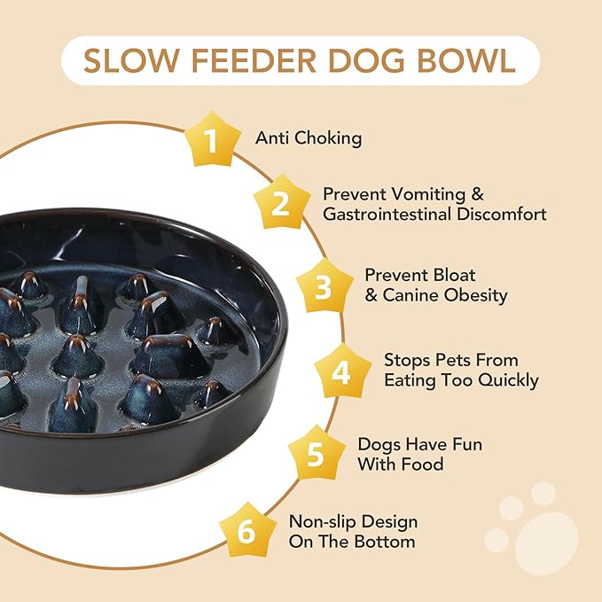 Ceramic 1.6 Cup Dog Bowl Slow Feeder for Fast Eaters, 8.2inch Slow Pet Food Dish for Medium and Large Dog, Stop Bloat, Preventing Choking(Single Bowl,Starry Sky)