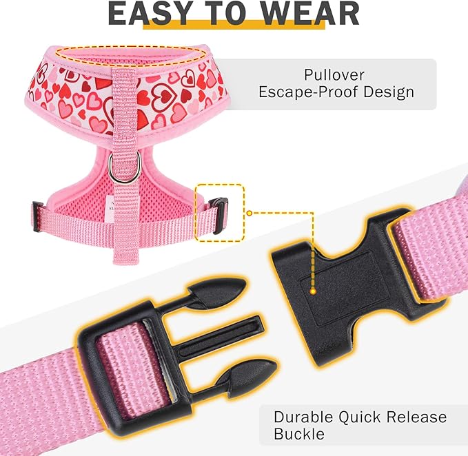 SCENEREAL Valentine's Day No Pull Dog Harness Collar Leash Set for Small Sized Dogs, Soft Mesh Step in Plaid Harnesses for Fall Winter, Adjustable Pet Vest for Outdoor Walking Training and Running, S