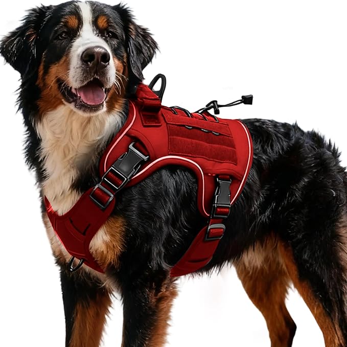 Heavy-Duty Tactical Dog Harness for Large Dogs, No Pull Adjustable Reflective Pet Vest with Molle System, K9 Military-Grade Control for Service Training, Outdoor & 10+ Breeds, Red, XX-Large