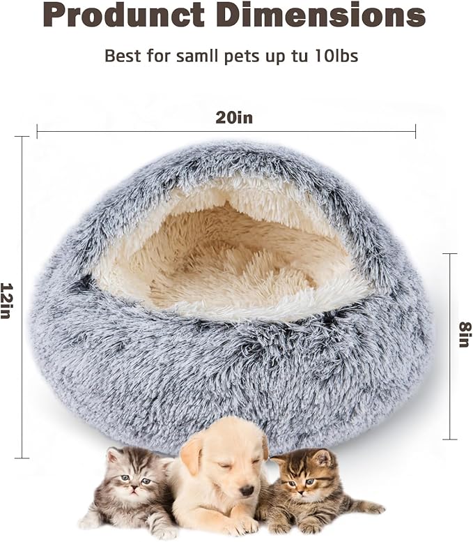 Cat Bed for Indoor Cats, Calming Cozy Cave with Self-Warming Plush, Entire Bed Machine Washable & Anti-Slip Base, Breathable Pet Bed for Small Cats&Dogs All Seasons (Grey, 20 * 20inch)
