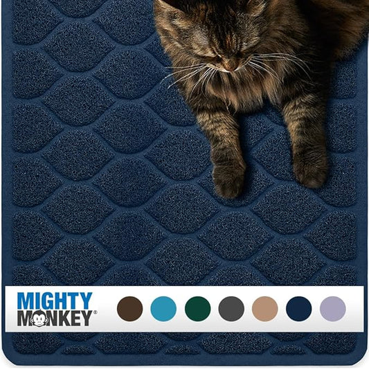MIGHTY MONKEY Waterproof BPA Free Cat Litter Box Trapping Mat, Easy Clean Floors, Textured Backing, Soft on Sensitive Kitty Paws, Cats Accessories, Less Waste, Stays in Place, 24x17, Navy