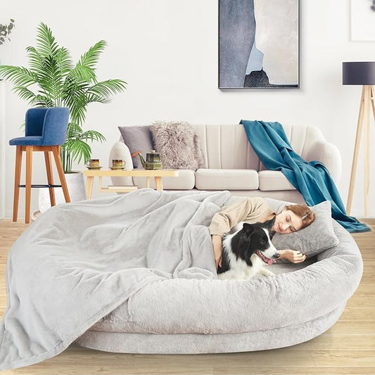 Human Dog Bed for Adults, 73"x56"x12" Washable Orthopedic Size, Faux Fur Removable, Cozy Large Present with Blanket and Pillow, Grey