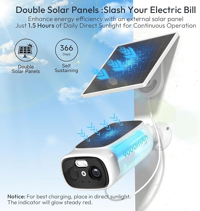 2.4G/5G WiFi Camera for Home Security with Double Solar Panels, 2K Solar Security Camera Wireless Outdoor, Color Night Vision, 2-Way Talk, Spotlight, Siren,IP66, Cloud/SD, AI Detection, Works w/Alexa