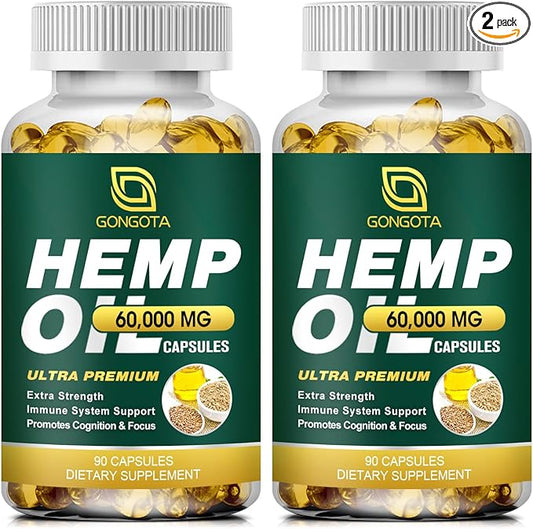 Hemp Oil Capsules - 100% Organic Hemp Oil, 60,000 Max Strength, Supports Immune, Skin, Calm, Sleep & Overall Health - 180 Veggie Softgels