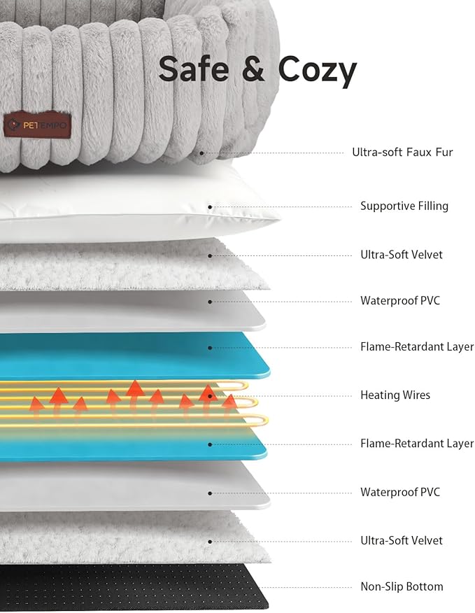 Heated Cat Bed Indoor, Pet Bed with 6 Temperature & 5 Timer Settings, Fluffy Cat Couch with Removable Machine-Washable Cover for Dogs Kitten Puppy in Winter, UL & FCC Certified, Small, Grey