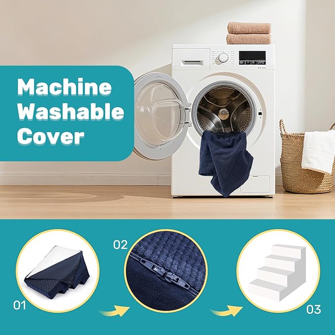 Dog Stairs for Bed, Extra Wide 4-Step Dog Steps for High Bed, High-Density Foam Pet Stairs with Non-Slip Removable Washable Cover for Small Pets, 18" H, Navy