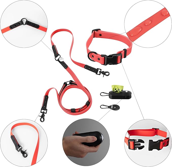 WLK1006M-5SET Luna Large 8FT Adjustable 6-in-1 Waterproof Hands-Free Leash and Collar with LED Flashlight, Bag Dispenser, and Poop Bag Holder, Shirley