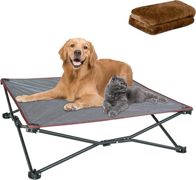 unp Elevated Cooling Dog Bed - 36 x 36 x 10 inch Foldable Pet Bed - Washable Plush Cover & Carrying Bag Breathable Dog Camping Chair (Brown, L)