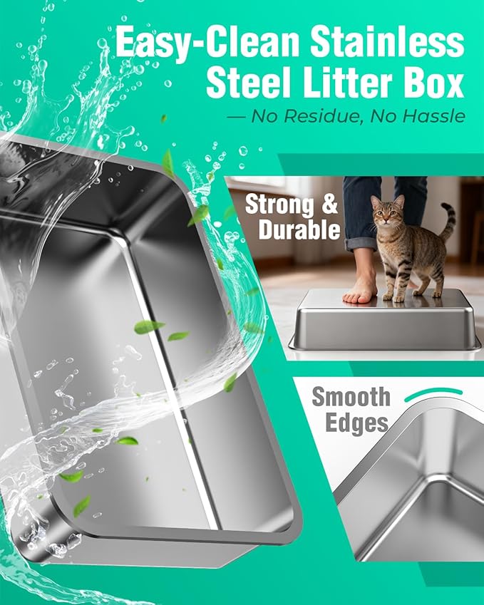 OROLEY Extra-Large Stainless Steel Cat Litter Box Features a Covered Design, High Sides to Prevent Litter from Spilling, an Easy-to-Clean Non-Stick Surface, and Includes a Raised Platform (Dark Gray)