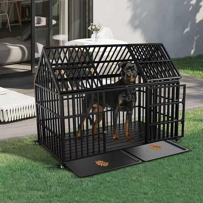 58 inch Heavy Duty Indestructible Dog Crate, New Upgraded Reinforced for Large Dogs,XXL Dog Crate for High Anxiety Dogs/Max Load Capacity 250lbs/Double Door with Wheels