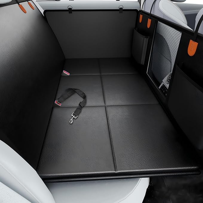 Dog Car Seat Cover for Back Seat with Hard Bottom, PU Leather Back Seat Extender for Dogs,Dog Hammock Bed for Cars, SUVs, Pet Seat Cover for Back Seat Holds 400lbs with Mesh Window & Pocket