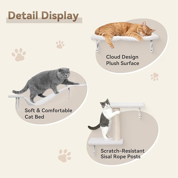 6-in-1 Cat Wall Shelves, Wall-Mounted Cat Furniture for Indoor Kittens, Modern Floating Shelves with Scratching Posts, Bed, Perch, Bridge, Condo, Steps and Scratcher, Space-Saving Gym, White