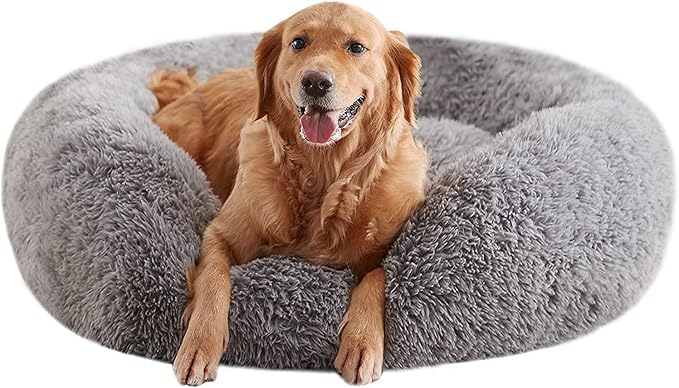 Calming Dog Beds for Large Dogs, Faux Fur Donut Cuddler Dog Bed, Round Fluffy Pillow, Washable Pet Bed for Dogs Up to 80Lbs, 36inch
