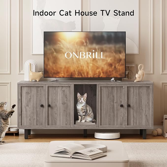 ONBRILL 59 Inches Cat Litter Box Enclosure for 2 Cats, Hidden Litter Boxes Furniture with Cat Scratch Pad, Large Indoor Pet House with Double Room, Wooden TV Stand Side Table, Grey