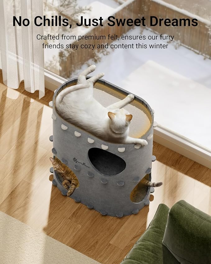 DownyPaws Cat House for Indoor Cats, 2-Storey Foldable Cat Bed Cave, Felt Cats Tunnel Bed Condo, Castle Kitten Cube Hideaway for Multicats, Scratch Resistant, Light Gray