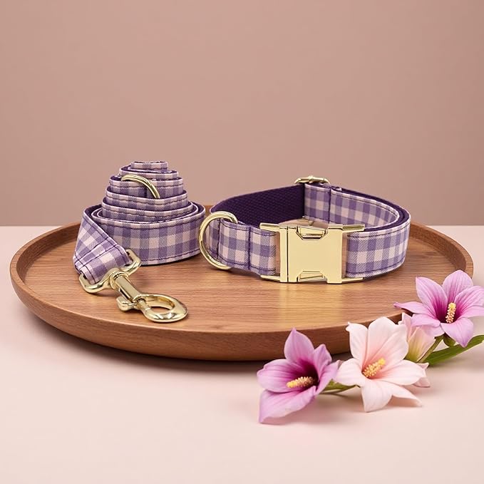 PETDURO Personalized Dog Collar Purple Gingham Plaid for Large Medium Dogs | Engraved Name and Phone Number on Gold Metal Buckle for Girls | Add Leash & Bow Tie via Customize Now