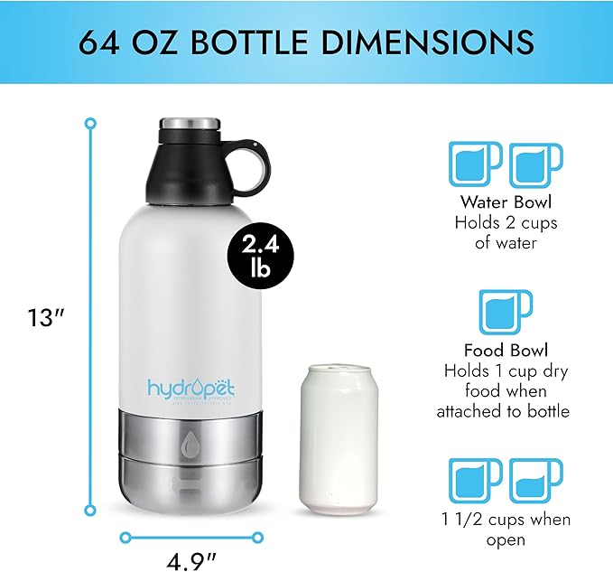 Hydropet Portable Dog Water Bottle (32 oz) - Insulated Dogs & Cats Travel Bottles, Stainless Steel - Detachable Dog Food Bowl and Water Bowl - Great for Daily Walks - Puppy Essentials & Accessories
