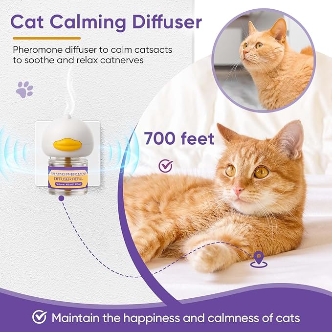 Cat Calming Pheromone Diffuser Kit, 2 Plug-Ins + 4 Refills (48ml Each), Long-Lasting Stress & Anxiety Relief, Reduces Fighting, Spraying & Scratching, Safe & Drug-Free Comfort for All Cats and Kittens