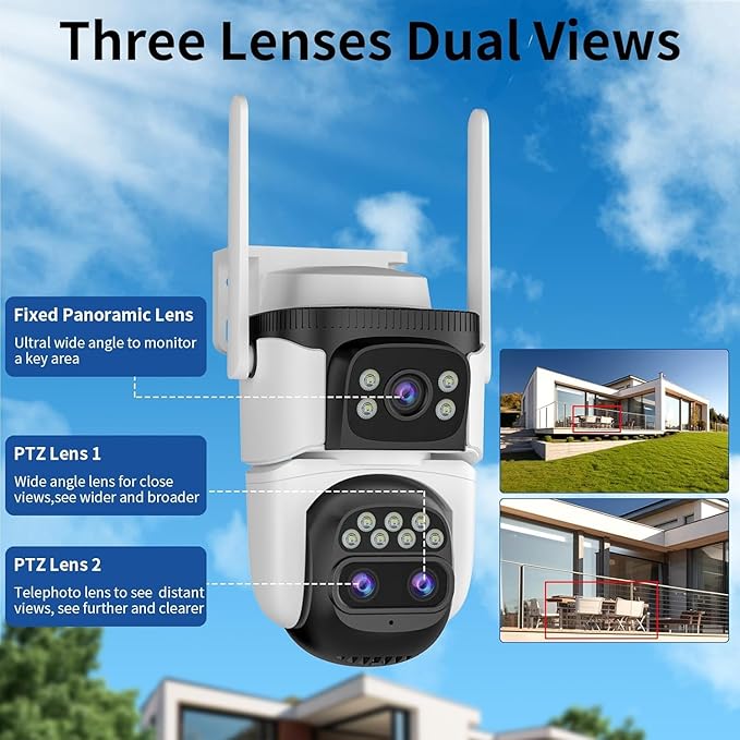 VSTARCAM Three-Lens Security Camera,2K Outdoor Camera,Human Detection,Home Security Cameras Outdoor,Night Vision,Siren & Spotlight Alarm,Two Way Audio,Local & Cloud Storage,10x Zoom