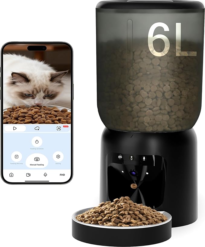 Automatic Cat Feeder with 2K Camera: Cat Food Dispenser with 6L Capacity, Container for Multiple Pet; Automatic Dog Feeder with Night Vision Support 5/2.4GHz & 2-Way Audio, Anti-Jam Design (Black)