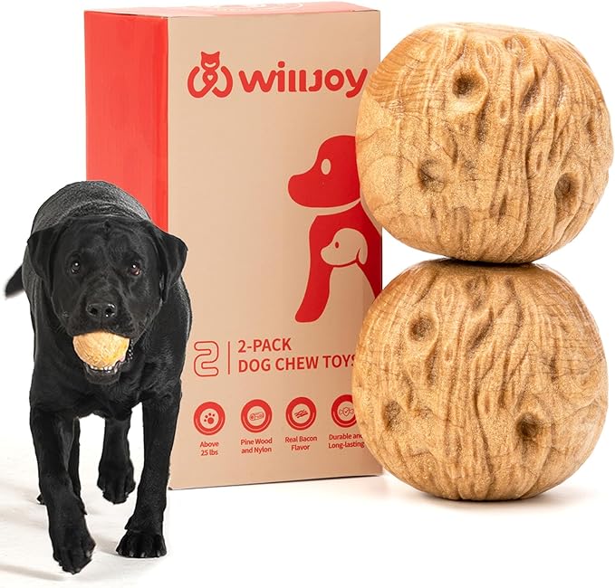 Willjoy 2-Pack Dog Chew Toys for Aggressive Chewers, Indestructible Ball-Shaped Dog Toys with Natural-Looking Grooved Texture, Durable Pine Wood & Tough Nylon, Bacon Flavor for Large Dogs