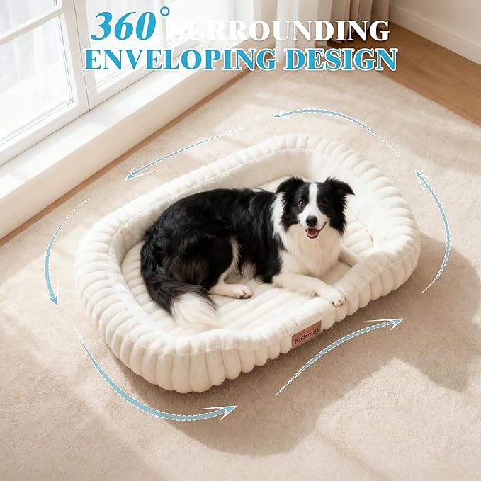 Dog Bed Large Size Dogs Washable Soft Furry Pet Bed, Calming Rectangle Large Dog Bed with Removable Cover & Anti-Slip Bottom, Orthopedic Anti-Anxiety Pet Bed with Handle, 35x27x5inches, Cream