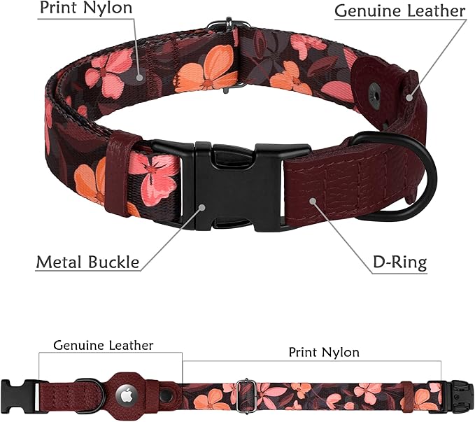 AirTag Dog Collar with Metal Buckle - Printed Nylon Soft Leather Dog Collar with Apple AirTag Holder - Secure Tracking GPS Pet Collars for Girl Boy Small Large Dogs (L, 17"-21" Neck Fit, Crossandra)