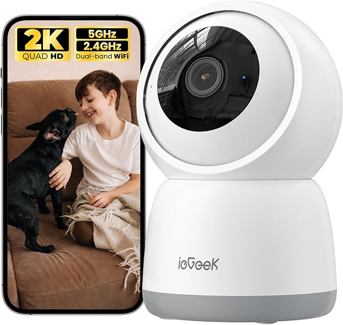ieGeek 2K Indoor Home Security Cameras，360° Pet Camera with Auto Tracking, Motion & Sound Detection，3MP Night Vision, 2.4G/5G WiFi Dog Camera with Phone App, Cloud & Memory Storage, Works with Alexa