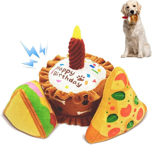 Birthday Dog Toys Crinkle Dog Toy Squeak Cake Toy Aggressive chew Toys for Puppy Sandwiches Pizza Party Dog Toy Interactive Birthday Toy with 3 Pack for Dog Birthday