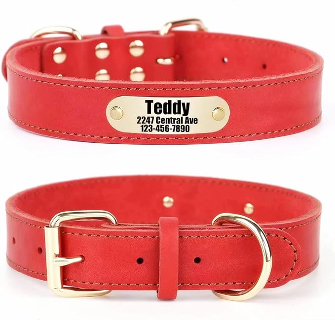 Moonpet Personalized Custom Leather Dog Collar with Engravable Nameplate with Airtag Holder Case-Durable Name Tag Collar-Customizable Dog Collar-ID Collars for X-Large Dogs-Red-XL