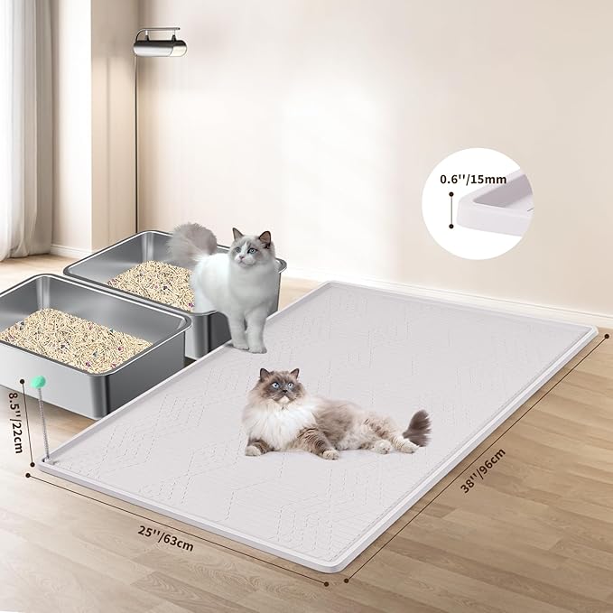 Large Cat Litter Mat with Toy Ball, 38'' x 25'' Silicone Cat Litter Trapping Mat for Scatter Control, Soft on Kitty Paws, Easy to Clean (White)