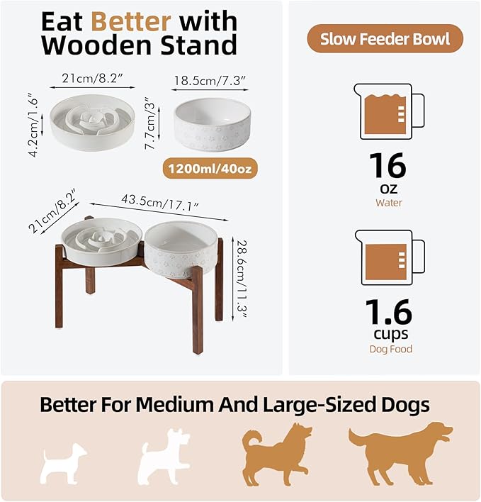 Ceramic 1.6 Cup Raised Slow Feeder Dog Bowl Set, Elevated 7.3inch Bowl and 8.2inch Dish with Acacia Wood Stand for Medium and Large Dog(2 x Reactived Glaze -White+ Stand)