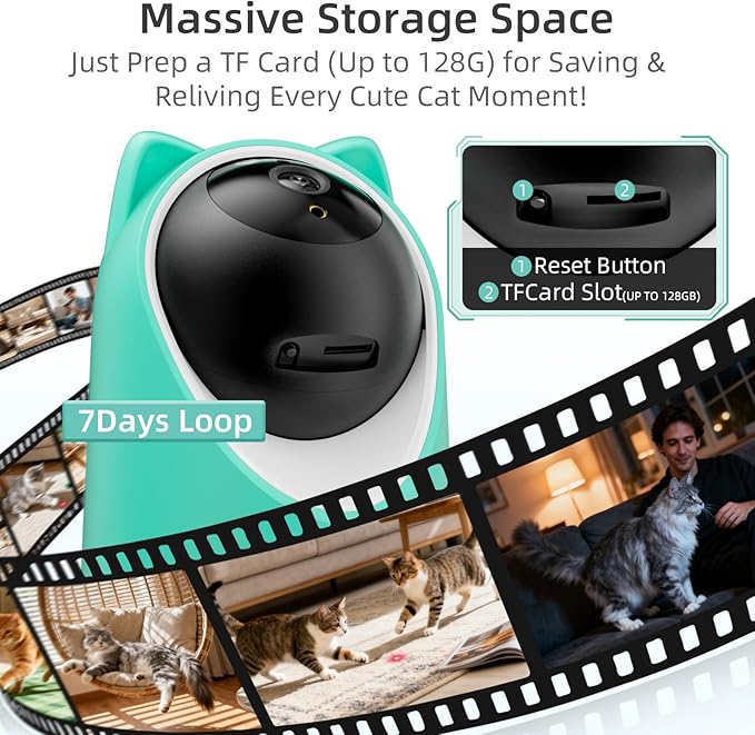 ASFSKY Pet Camera 2K Indoor Cat Camera Auto-Tracking for Cats, Cat Laser, Motion Detection Alerts, Night Vision, 2-Way Audio of pet Monitor, Cat Dog Home Security Camera with Phone App （Light Green）