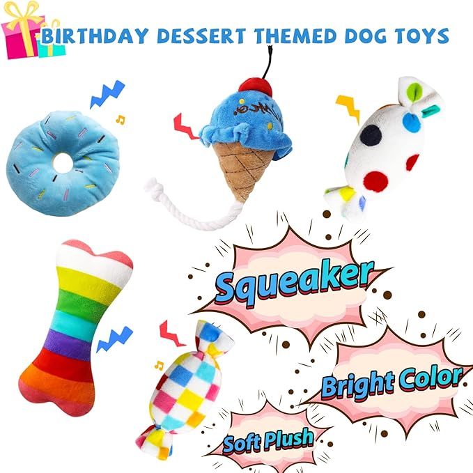 Dog Birthday Toy Set, 9Pcs Plush Pet Toy for Small Dogs, Includes Squeaky Cake Hat, Bandana, Dessert Themed Toys, Balloons, for Dog Birthday Party