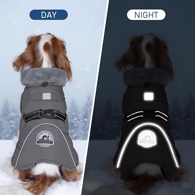 KYEESE Waterproof Dog Coat, Warm Windproof Jacket, Turtleneck Winter Dog Coats for Small Dogs with Leash Hole, Reflective Pet Clothes & Outdoor Apparel, Thick Fleece-Lined Winter Jacket, Gray, Large