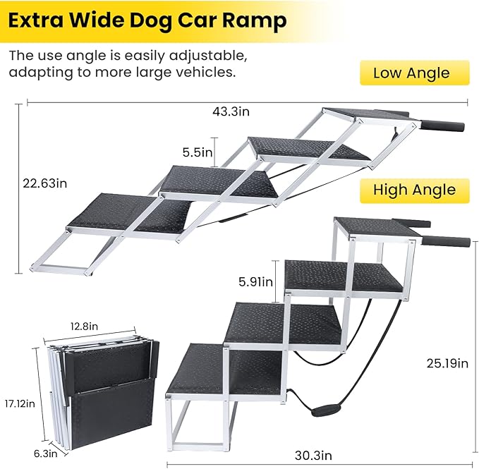 Dog Stairs for Large Dogs, Extra Wide Dog Ramp for Car with Non-Slip Surface, Folding and Portable Dog Car Ramp for SUV & Car, Outdoor, Supports up to 250 lbs, 4 Steps