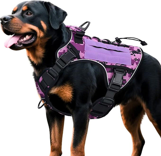 Heavy-Duty Tactical Dog Harness for Large Dogs, No Pull Adjustable Reflective Pet Vest with Molle System, K9 Military-Grade Control for Service Training, Outdoor & 10+ Breeds, Purple Camo, X-Large