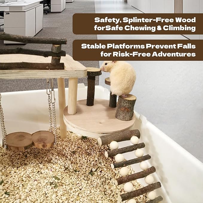 Hamster Playground & Climbing Toys Set, Natural Wooden Small Animal Activity Center with Ladder, Bridge, Ramp, Food Bowl, Multi-Room Hideout for Mice, Gerbils, Rats - Hamster Cage Accessories