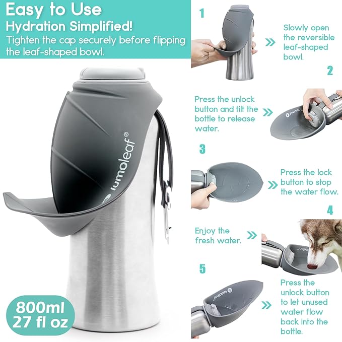 LumoLeaf Portable Dog Water Bottle 27 OZ, Stainless Steel Pet Travel Water Bottle Dispenser for Walking, Hiking and Outdoor, Portable Water Bowl for Large Dogs (Grey)