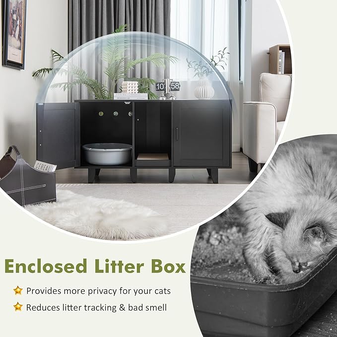 Tangkula Double Cat Litter Box Enclosure for 2 Cats, Large Stackable Hidden Privacy Cat Washroom Cabinet with Scratching Board, Indoor Cat House TV Stand Side Table, Litter Box Furniture (Black)