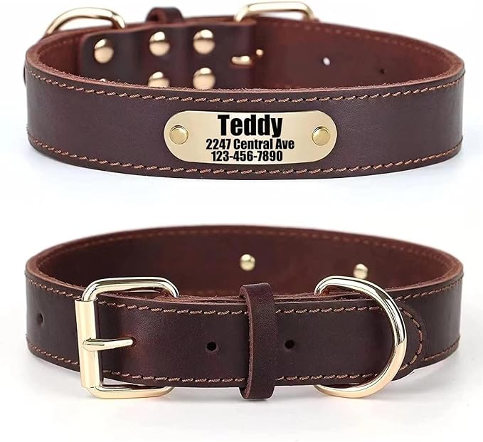 Moonpet Personalized Custom Leather Dog Collar with Engravable Nameplate with Airtag Holder Case- Durable Name Tag Collar - Customizable Dog Collar - Comfortable ID Collars for Large Dogs-Brown-L