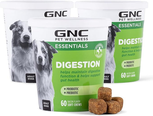 GNC Pets Essentials Digestion Dog Supplements, Probiotic Support Soft Chews in Bacon Flavor for Dogs, Daily Digestion Aid in Reusable Container - Puppy & Adult Pet Health Supplement, 60 Count - 3 Pack