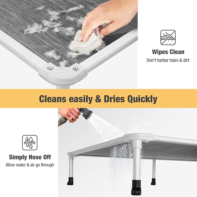 Veehoo Chew Proof Elevated Dog Bed - Cooling Raised Pet Cot - Silver Aluminum Frame and Durable Textilene Mesh Fabric, Unique Designed No-Slip Feet for Indoor or Outdoor Use, Black Silver, Large