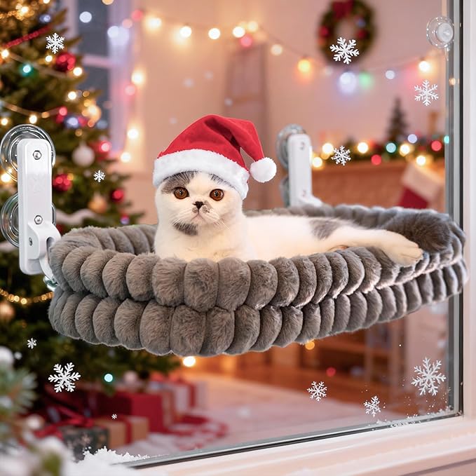 CHEERPALS Cat Window Perch for Indoor Cats Hammock for Window with Reversible Cushion, Foldable Cat Window Bed for Large Cats and Kittens(Grey,Large)