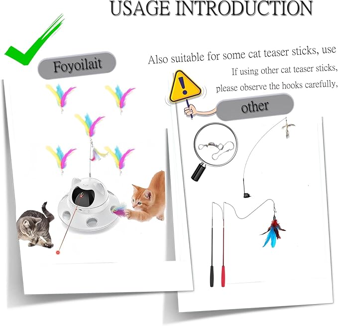 3-in-1 Cat Toy & Interactive Motion-Activated Kitten Toy Wand Feather Accessories — 5-Piece Set of Replaceable Wand Feather Refills, Interactive Teaser Accessories for Cats and Kittens