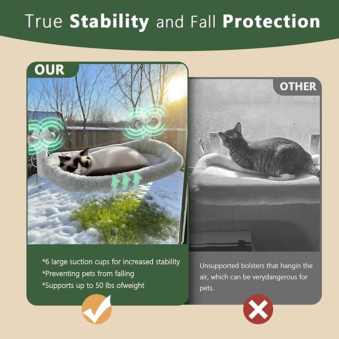 Cat Window Perch with 6 Strong Suction Cups,Mats That can be Switched Between Winter and Summer,Foldable Cordless Cat Beds Can Bear 50LBS Weight (Grey)